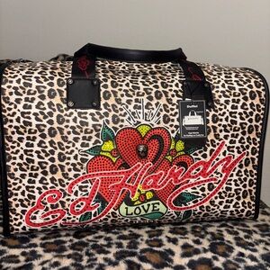 Ed Hardy Leopard Print Travel Bag with Heart Design